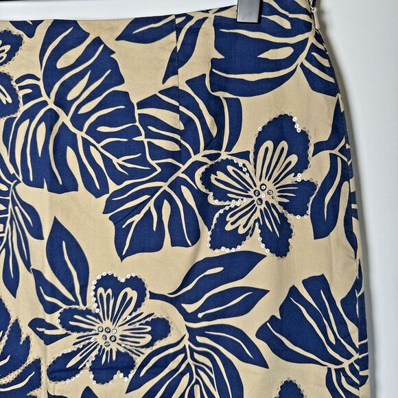 Talbots Skirt Womens 12 Tan Navy Floral Sequins Tropical Aloha Stretch Cotton - Picture 4 of 12